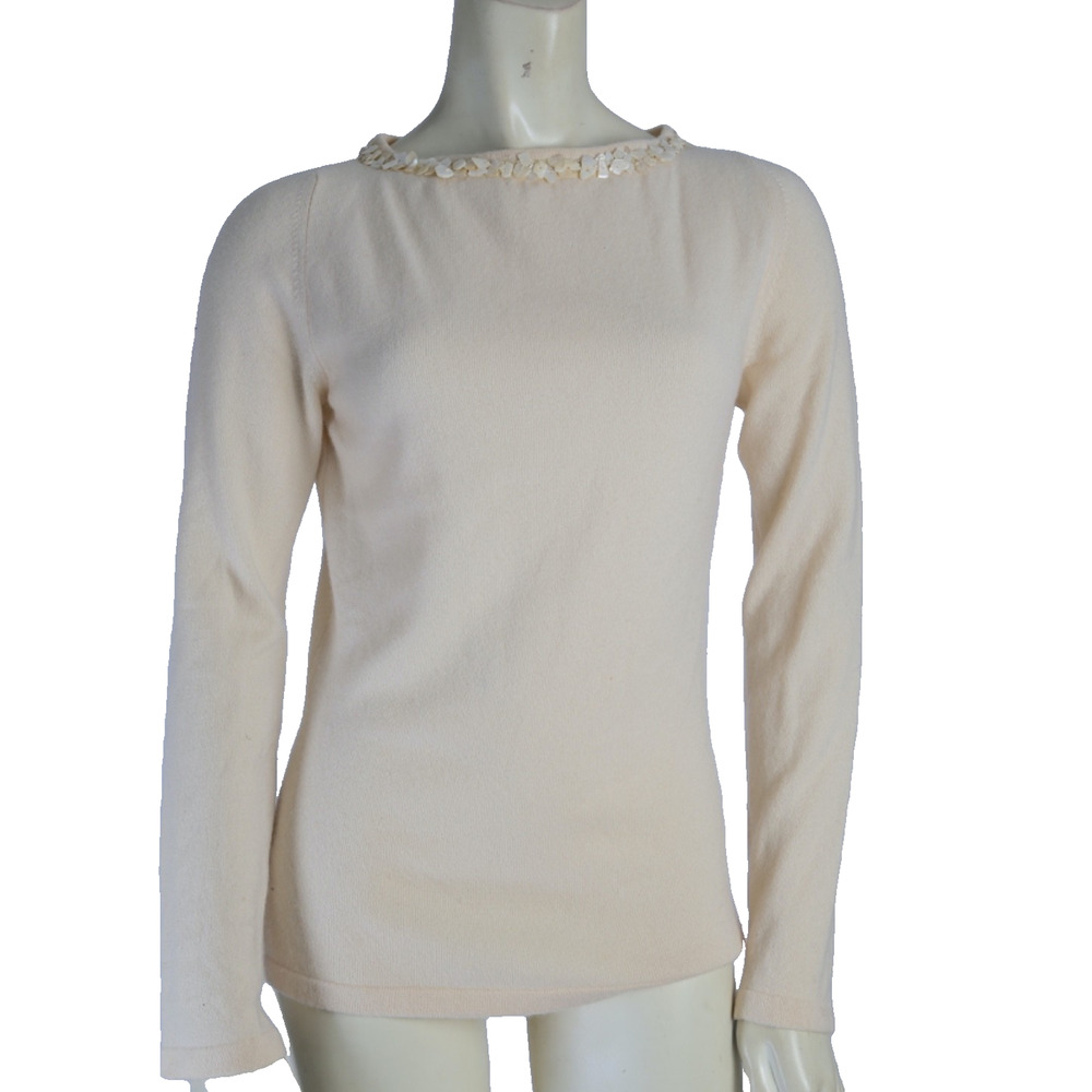 Vintage Cruciani Italy Cashmere Cream Sweater Sz 42 Beaded Embellished Neckline